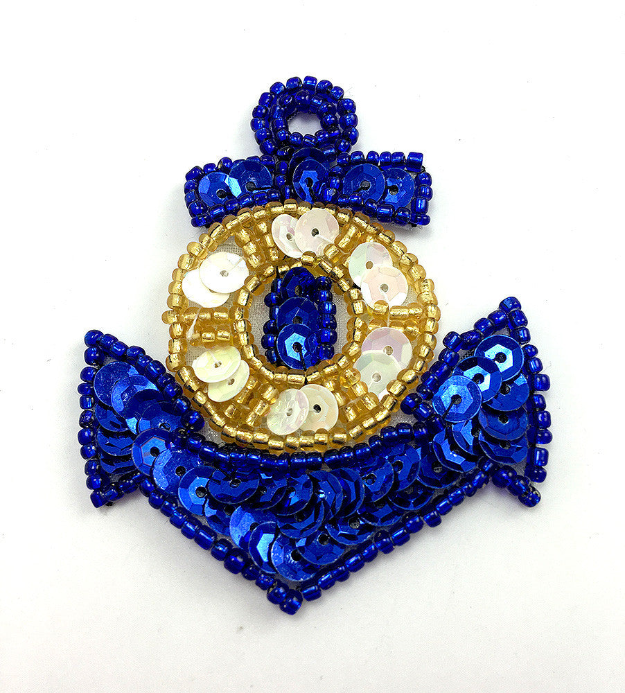 Ancla con lentejuelas azules y beis y cuentas azules y doradas de 6,35 x 5,08 cm