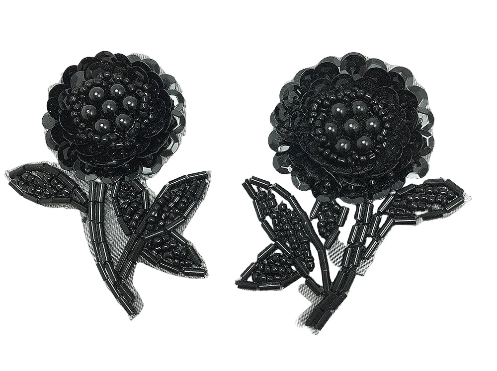 Par de flores con lentejuelas y cuentas negras de 2.5" x 2"