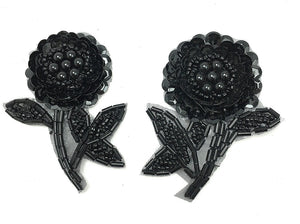 Flower Pair with Black sequins and Beads 2.5" x 2"