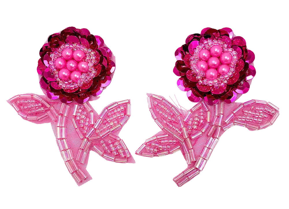 Flor de dos piezas con lentejuelas fucsia y abalorios de 6.35 cm x 5.08 cm