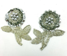 Load image into Gallery viewer, Silver sequin and beaded flower pair 2.5&quot; X 2&quot;