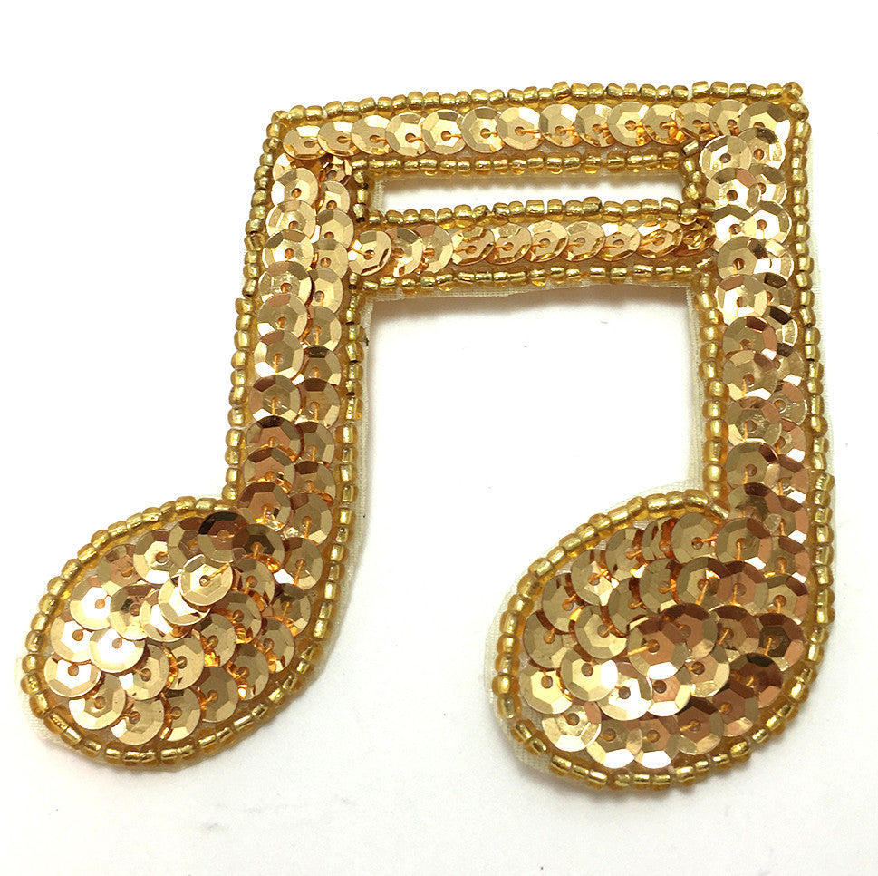 Double Musical Note Appliqué with Gold Sequins and Beads 3" x 2.75”