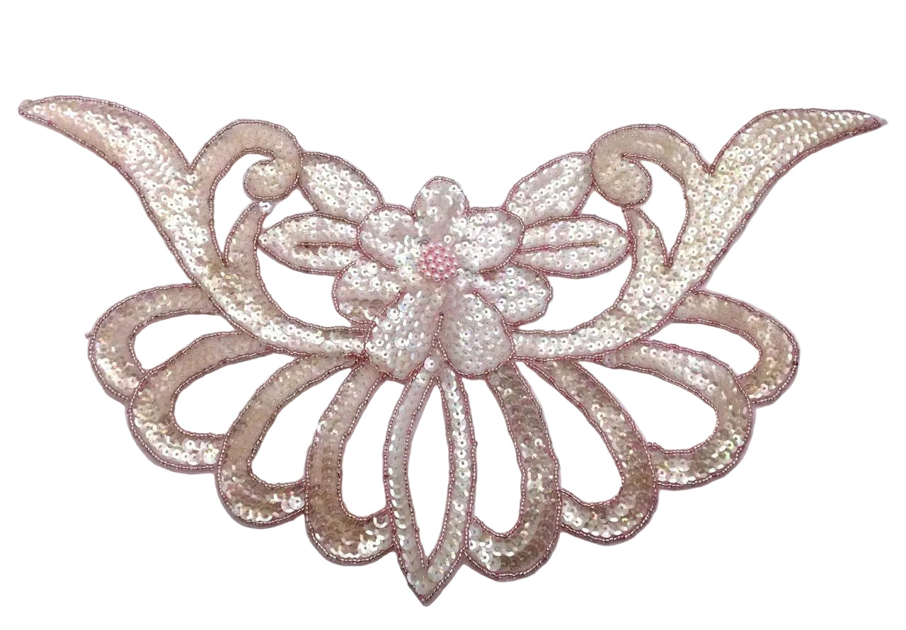 Collarín con motivo floral de diseño - Lentejuelas rosa claro - Cuentas 16" x 8"
