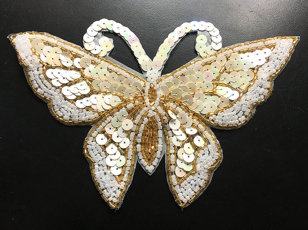 Butterfly with Iridescent Cream Sequins, Gold and White Beads and Pearls 6.75" x 4.25"