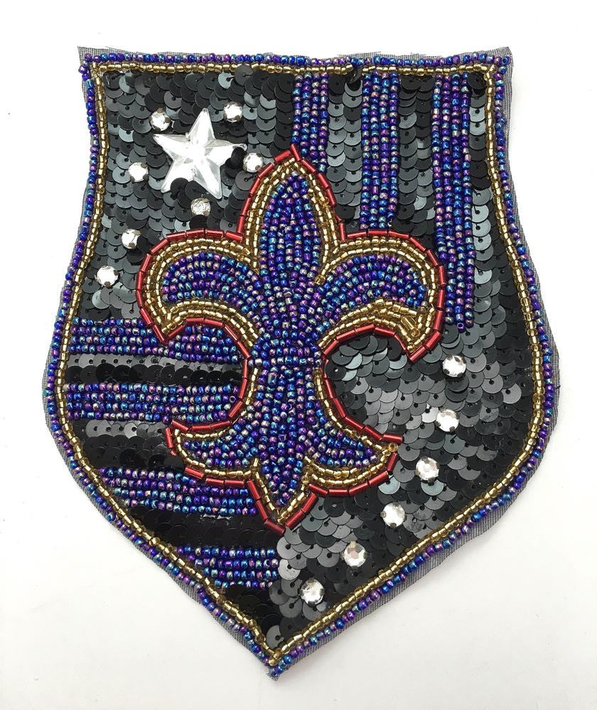 Sequin Fleur-de-Lis Crest Appliqué - Black Sequins and Red, Blue and Silver Beads 5.75" x 4.75"
