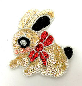 Bunny Rabbit with Multi-Colored Beige Sequins and Red Bow 4" x 4"