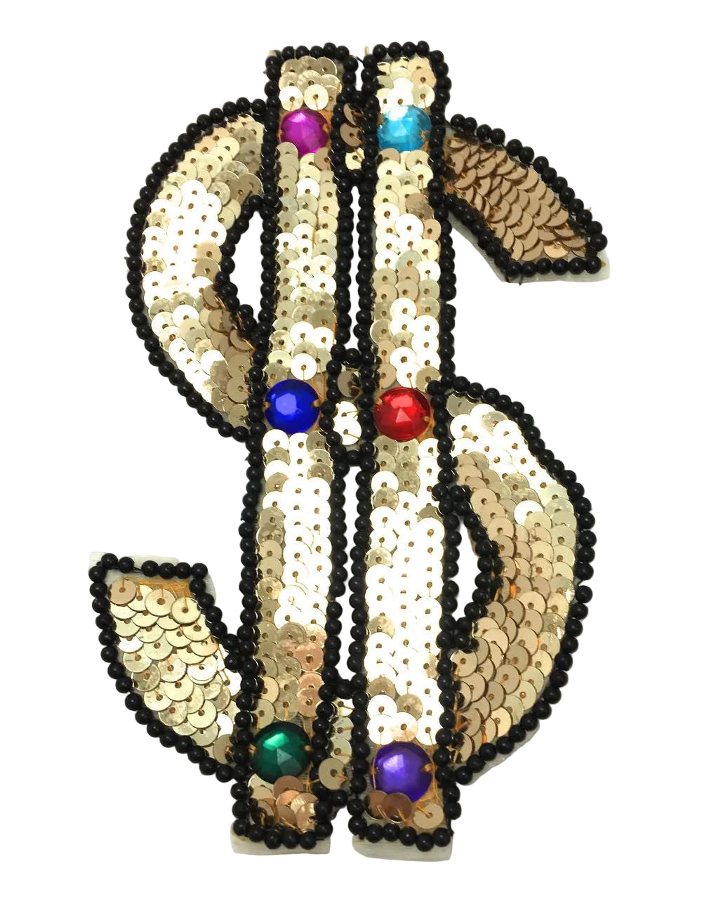 Decorative patch shaped like a dollar sign with sequins and beads on a white background