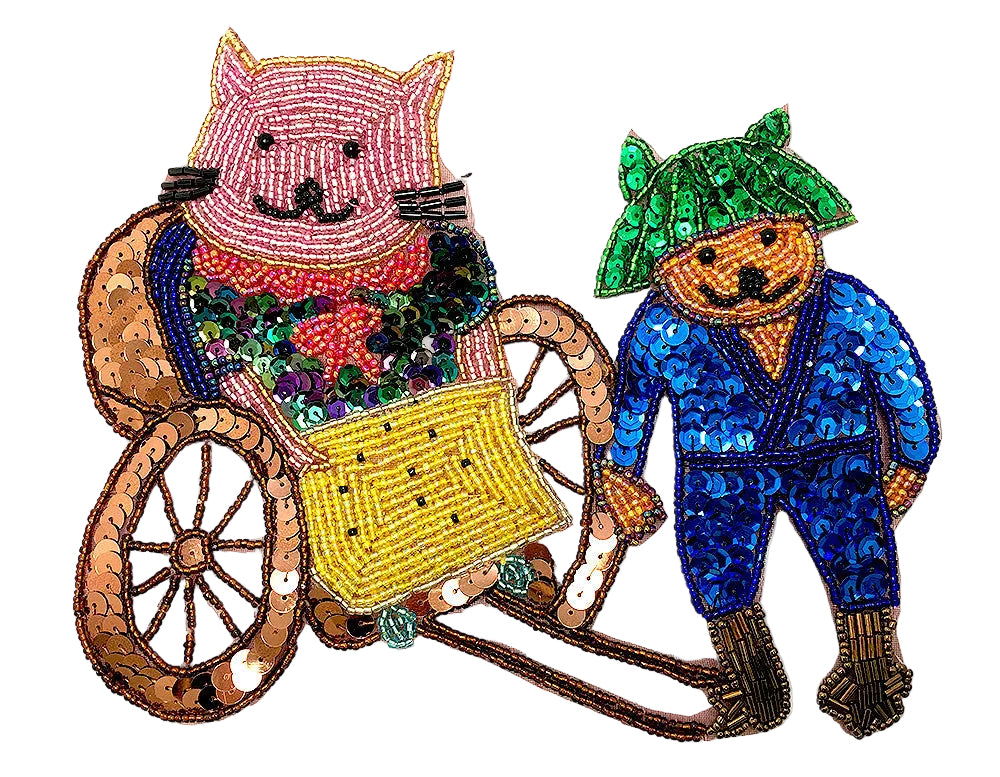 Dressed Up Elegant Cat in a Rickshaw with Driver in Multicolored Sequins and Beads 8" x 6.5"