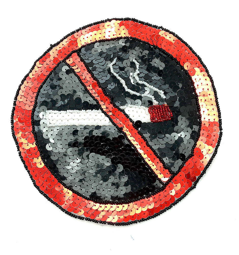 No Smoking Sign Patch, Sequin Beaded 7"