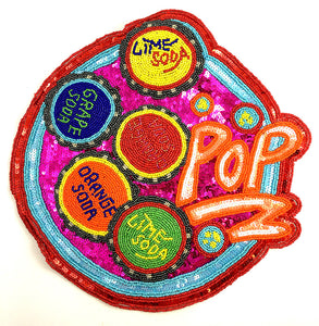 Soda Applique Says Pop with Different Flavors, Multi-Color Beads and Fuchsia Sequins 12"