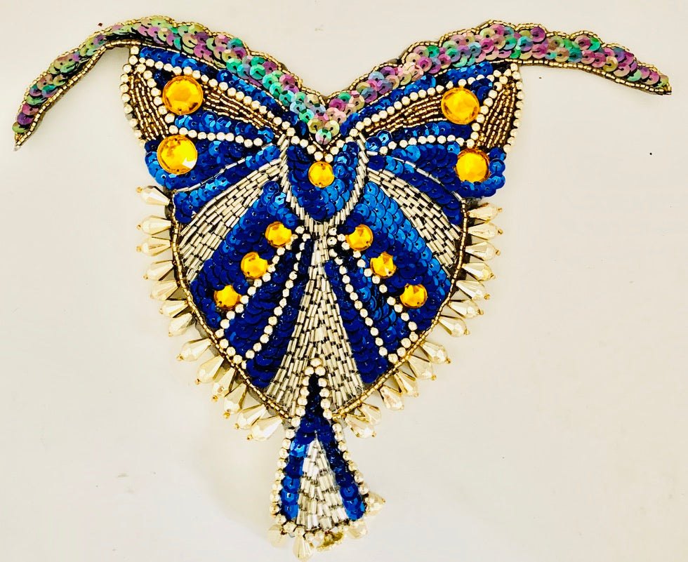 Blue sequin and gold bead neckline appliqué
