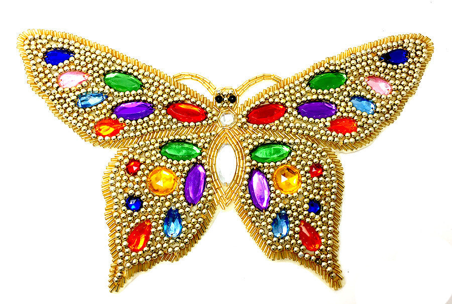 Large butterfly appliqué with gold beads and multicolored gems