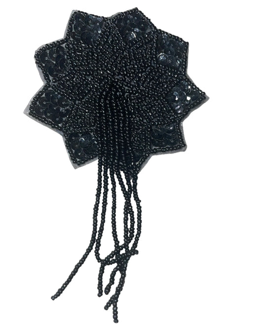 Epaulet Flower with Black Sequins and Beads 5.5" x 3"