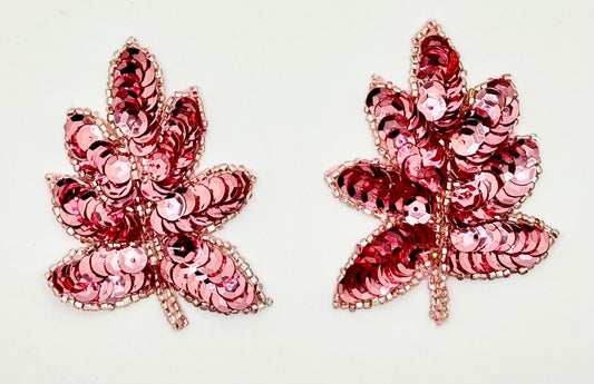 Leaf Pair with Pink Beads and Sequins 2.75"