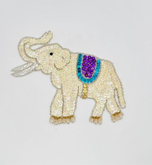 Elephant with Beige/Turquoise/Purple Sequins and Silver Beads 7” x 5.5”