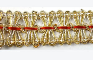 Trim with Gold and Silver Bullion Thread and Red Ribbon Center  1" Wide, Sold by Yard