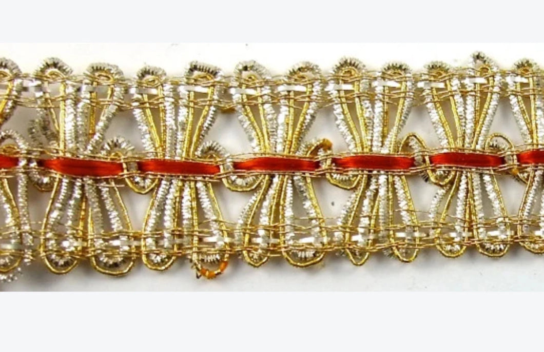 Trim with Gold and Silver Bullion Thread and Red Ribbon Center  1