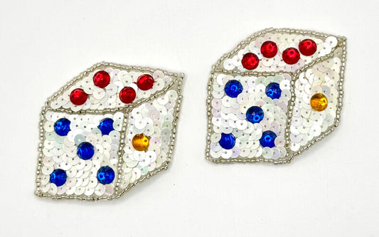 Dice Pair with White Sequins and Silver Beads with Blue, Gold and Red Stones 2.5" x 2.5" each Die