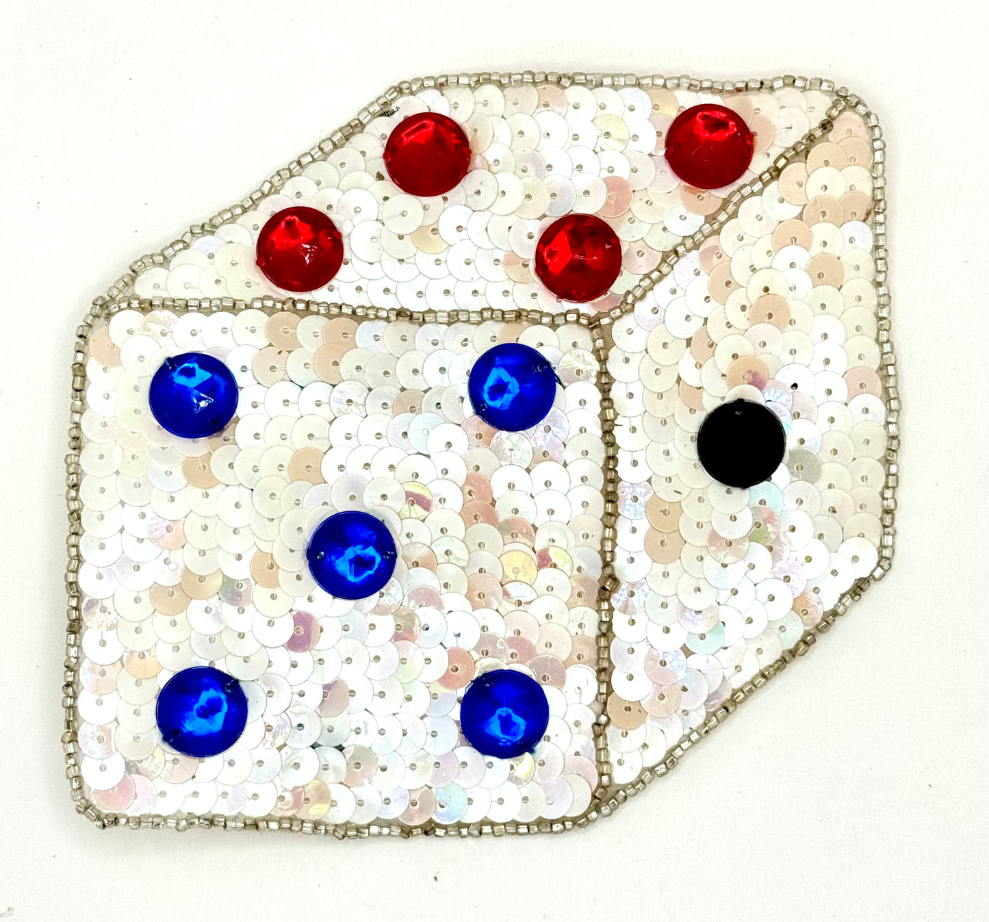 Single Die White and Cream Sequins with Silver Beads and Blue, Red and Black Stones 4.5" x 5"