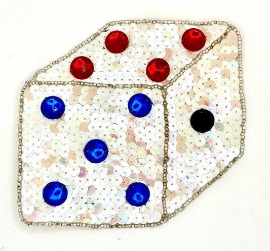 Single Die White and Cream Sequins with Silver Beads and Blue, Red and Black Stones 4.5" x 5"