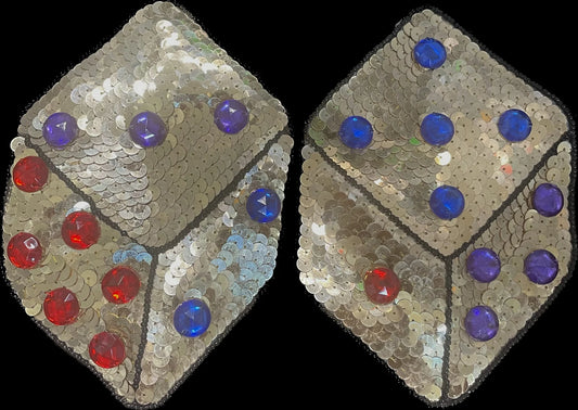 Dice Pair with Gold Sequins, Black Beads and Multi-Color Acrylic Stones 5" x 4.5"