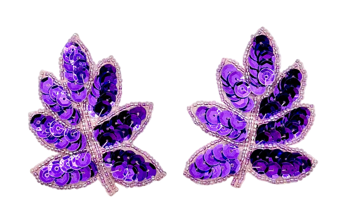 Leaf Pair with Purple Sequins and  Light Purple Beads 2.5" x 2"
