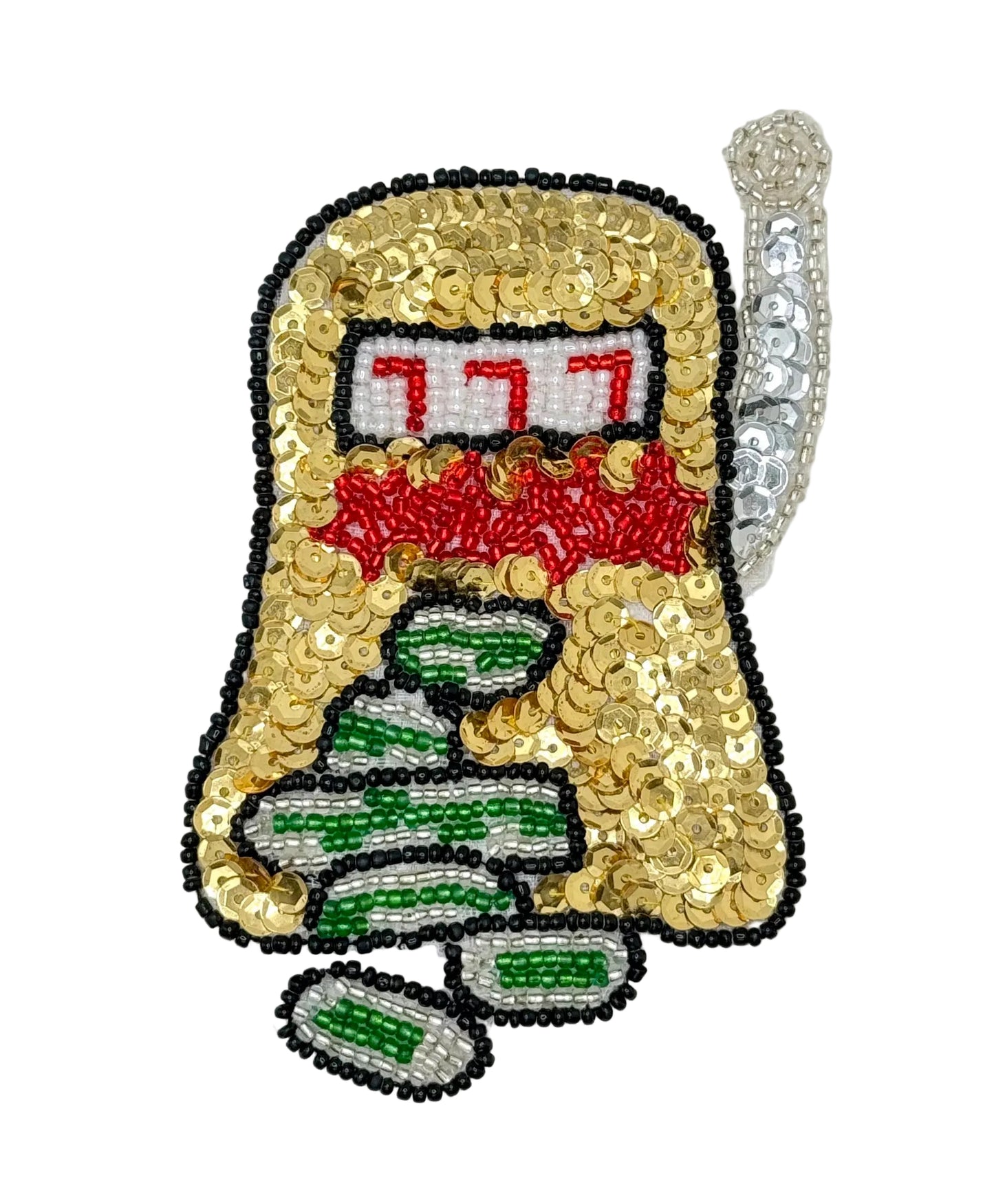 Sequined and beaded slot machine design on a white background