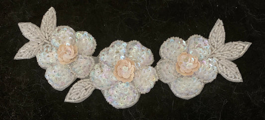 Triple Flower with Iridescent and Cream Sequins and Beads 7" x 3"