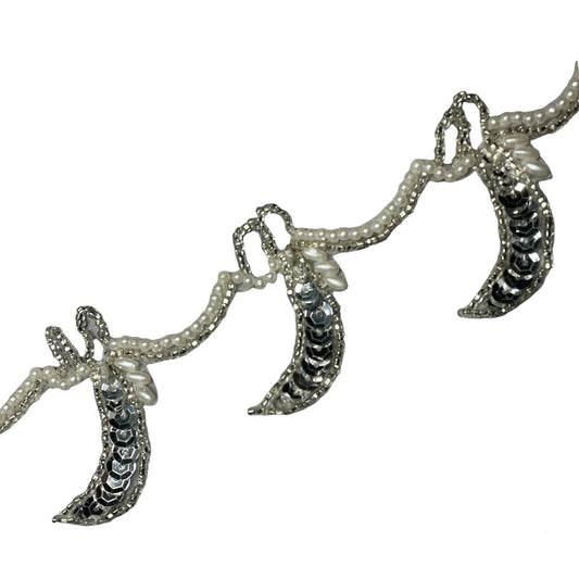 Trim with Silver Sequins and Beads and Pearls 2" Wide, Sold by the Yard