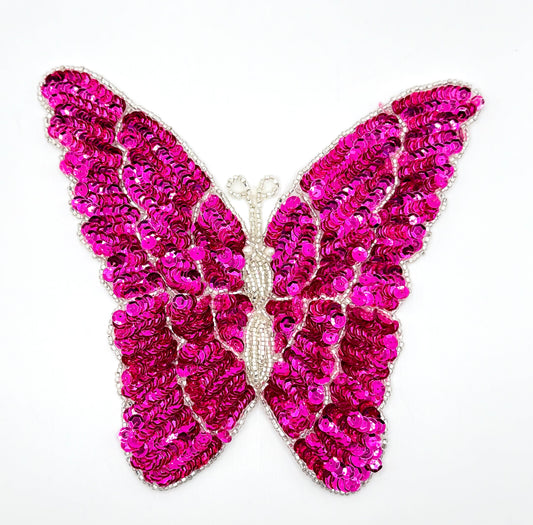 Butterfly with Fushia Sequins and Silver Beads and Faux Pearl Eyes 8" x 7"