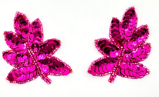 Leaf Pair with Fuchsia Sequins and Beads 2" x 1.5"