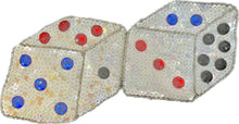 Load image into Gallery viewer, White Sequin Dice Pair with Beads and Multi-Color Acrylic Stones 4.5&quot; x 5&quot;