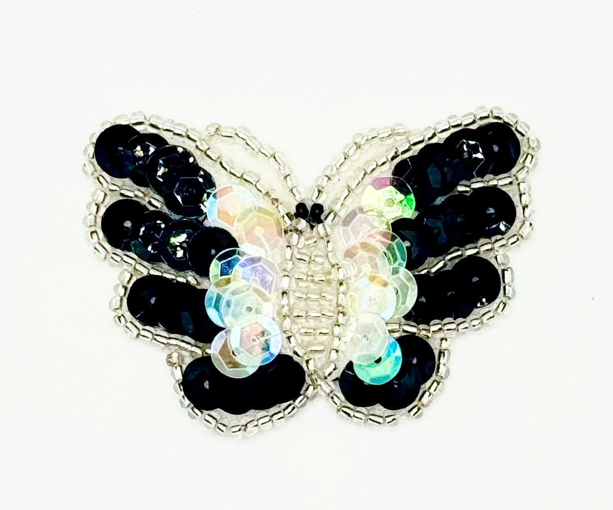 Butterfly Appliqué with Clear Iridescent and Black Sequins and Silver Beads 2.25" x 1.5"