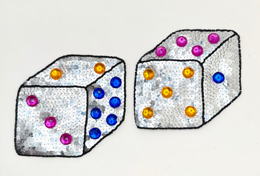 Dice Pair with Silver Sequins, Black Beads and Multi-Color Acrylic Rhinestones 5" x 4.5"