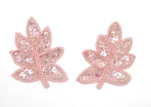 Leaf Pair with Iridescent Pink Sequins and Beads 2.5" x 2"