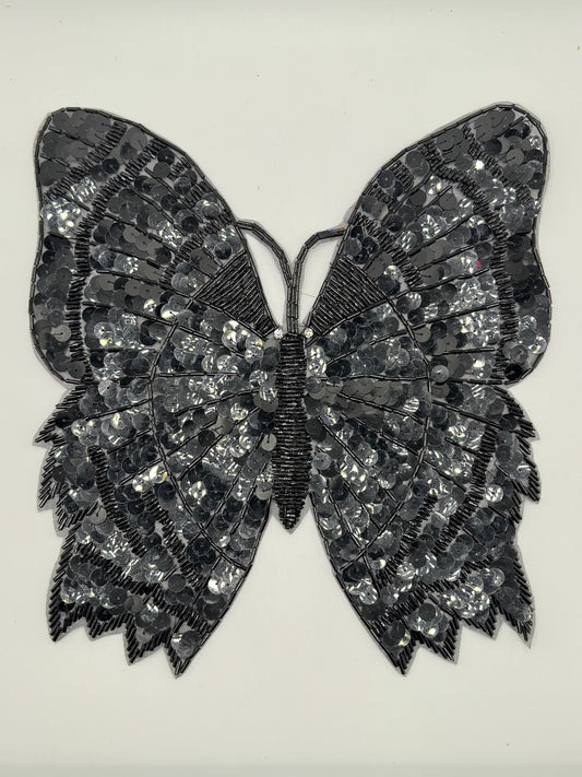 Large Butterfly Appliqué with Black Sequins and Beads and Rhinestone Eyes 10" x 10"