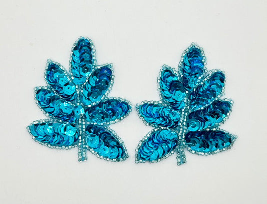 Leaf Pair with Turquoise Sequins and Beads 3" x 2"