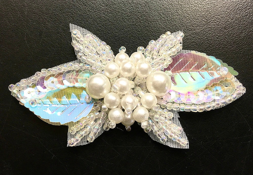 Designer Leaf Appliqué - Iridescent Sequins, Beads and Center White Pearl Cluster 2.75” x 1.5”