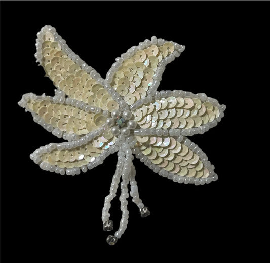 Flower Epaulet Single with Cream Sequins and Beads 4" x 3.5"