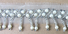 Load image into Gallery viewer, Trim Fringe with White pearls and Silver Beads on Netting, 1.5&quot; Wide, Sold by the Yard