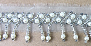 Trim Fringe with White pearls and Silver Beads on Netting, 1.5" Wide, Sold by the Yard