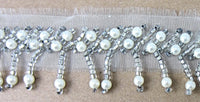 Trim Fringe with White pearls and Silver Beads on Netting, 1.5