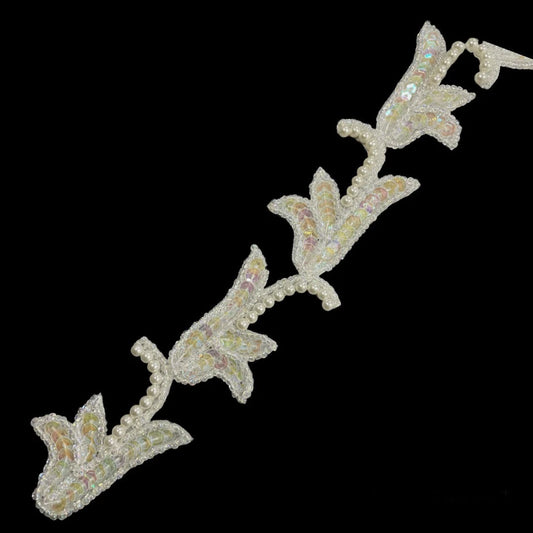 Trim with Sequin Beaded Iridescent Leaf Pattern and White Pearls 1.25" Wide, Sold by the Yard
