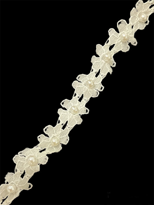 Trim with Dainty Tiny Embroidered Flowers and White Pearls 1/2" Wide, Sold by the Yard