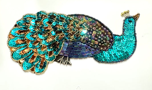 Turquoise Peacock with Multicolored Sequins and Beads 8” x 3.5”