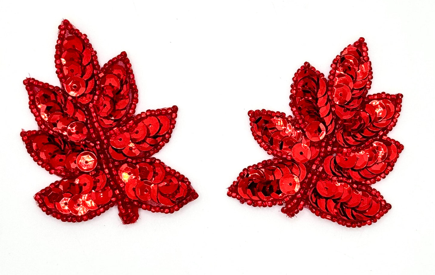 Leaf Pair with Red Sequins and Beads 2" x 2"