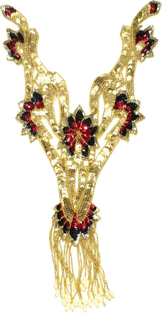 Designer Motif Neckpiece with Black, Red and Gold Sequins with Gold Beads 18” x 13”