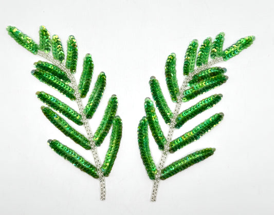 Leaf Pair Appliqués with Lime Green Iridescent Sequins and Silver Beads 9" x 3"