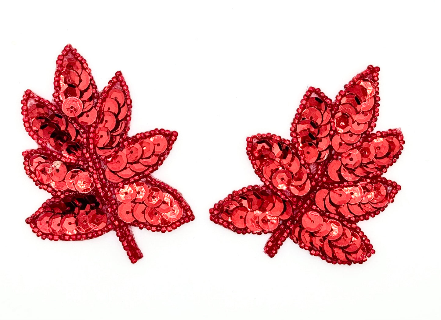 Leaf Pair with Red Sequins and Beads 2" x 2.5"