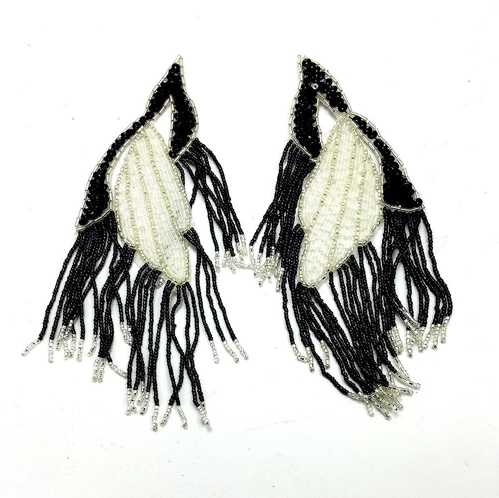 Epaulet Pair Black, Silver and Iridescent White Sequins and Beads, 8" x 4"